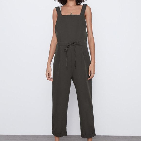 Zara Khaki Long Pleated Jumpsuit - Picture 1 of 5